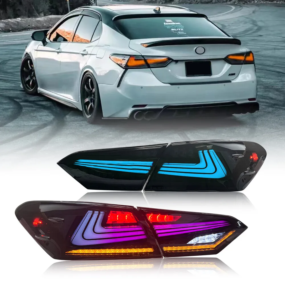

Цветные светодиодные задние фонари RGB для Toyota Camry 2018-2024, задние фонари, аксессуары для автомобильных фар с последовательным дымом