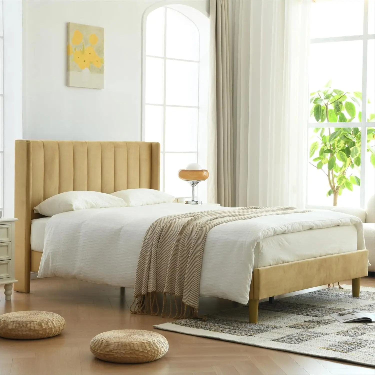 

upholstered platform bed frame/twin bed frame/modern geometric double-wing design headboard/flannel and linen fabric