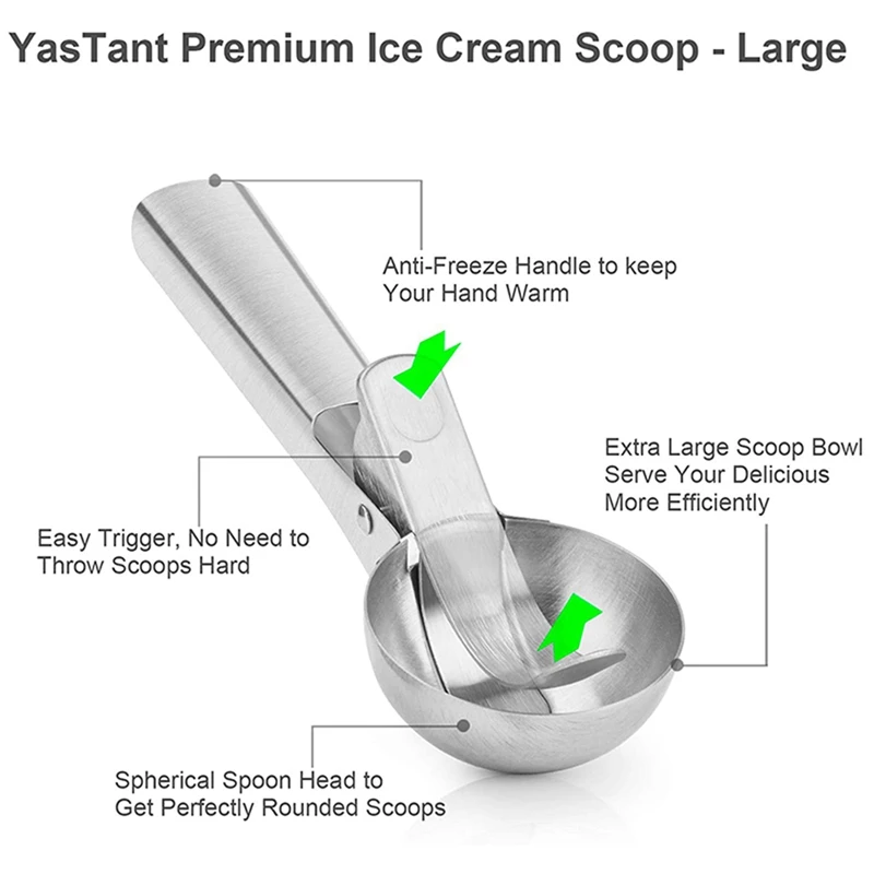 2X Stainless Steel Ice Cream Scoop, Easy To Trigger Release, Ice Cream Scoop With Comfortable Antifreeze Handle