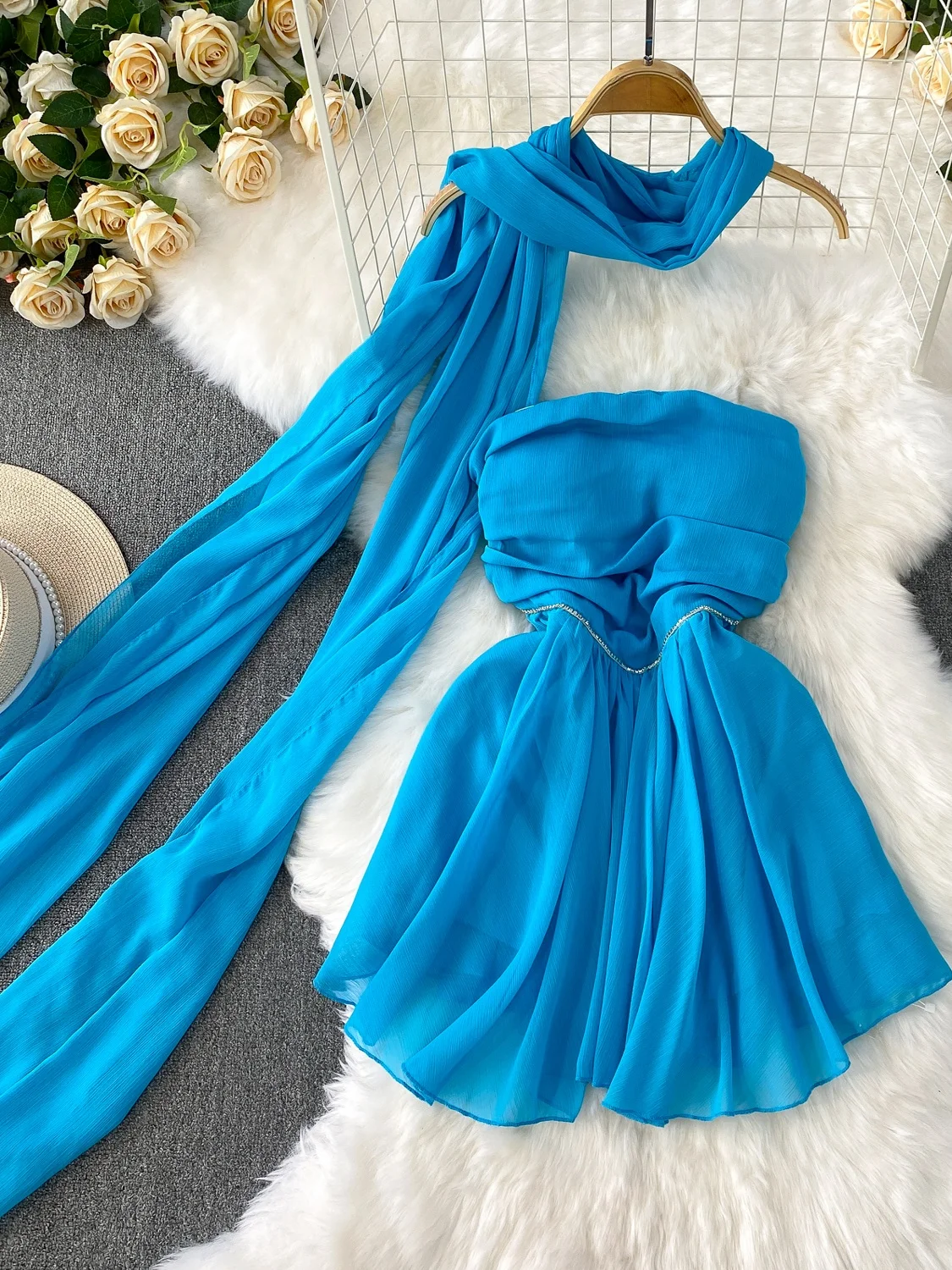 Ele Sexy Strapl Pleated Slimming Draped Evening Gown Women's Korean Sle High Waist A-Line ort Dr Summer Faion