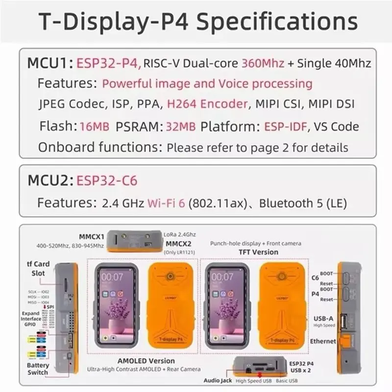 

AT82-T-Display-P4 ESP32-P4+ C6+ 2MP Mipl Camera Iot Lora Development Board Touch Display Supports 2.4 Ghz Wifi6 BLE