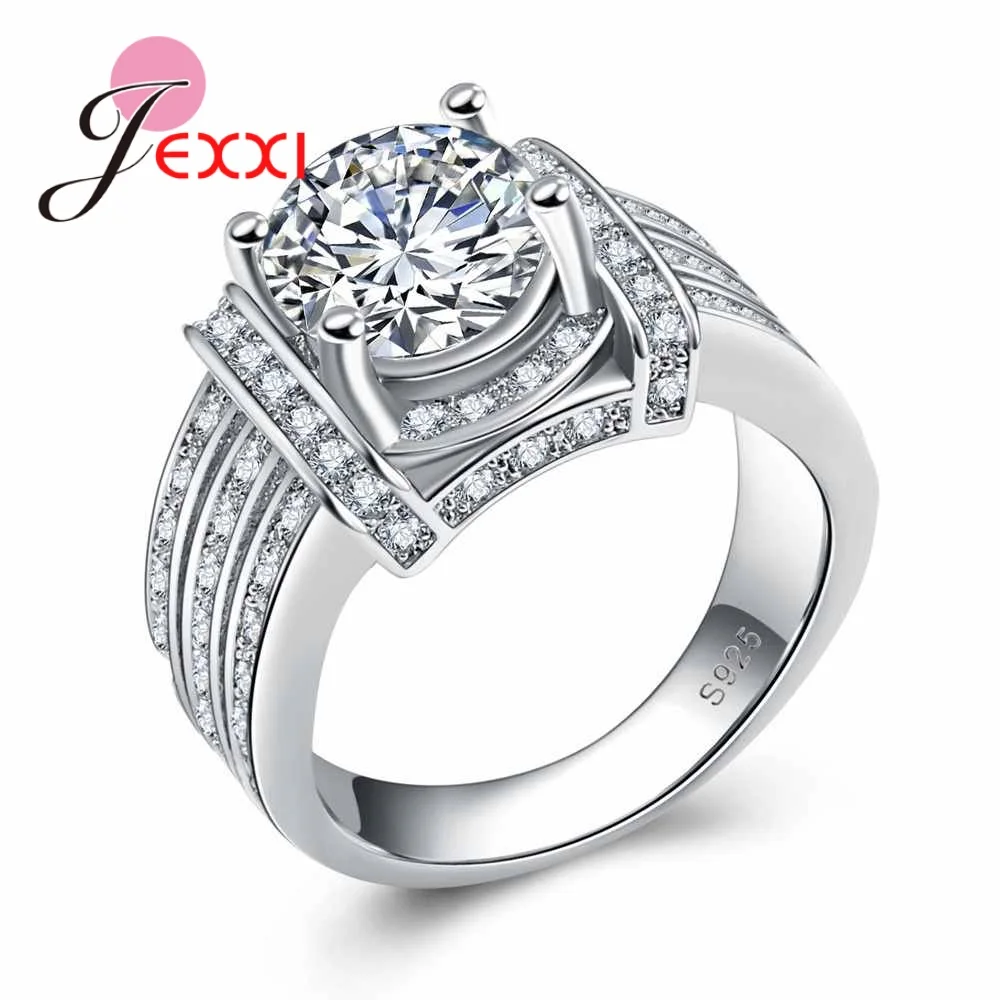 New Women Clear Crystal Wedding Rings 925 Sterling Silver Rhinestones Engagement Anillos Bijoux Bague Femme