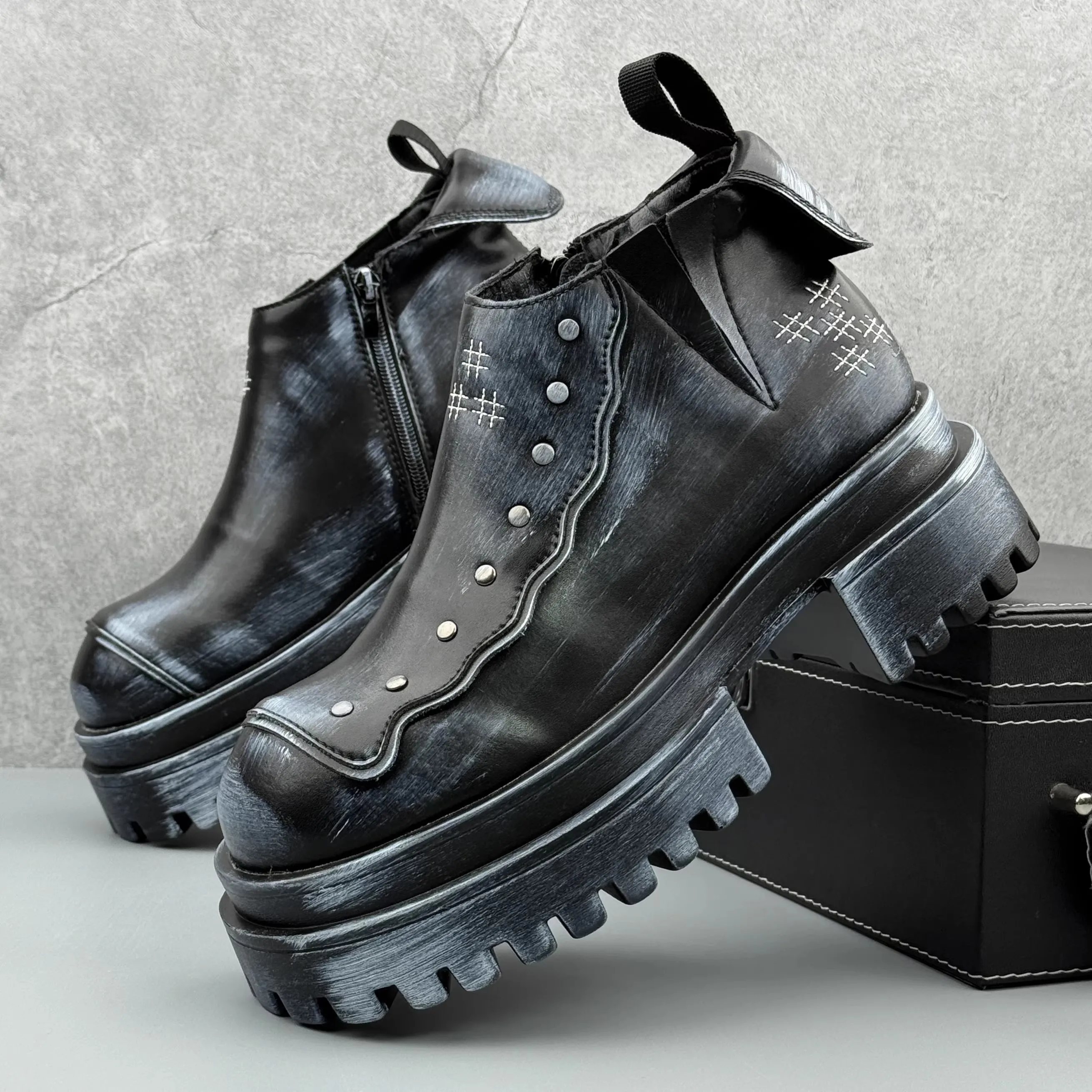 Brand Men Derby Shoes Leather Platform Slip On High Top Heels Ankle Boots Vintage Designer Shoes For Man High Street Fashion