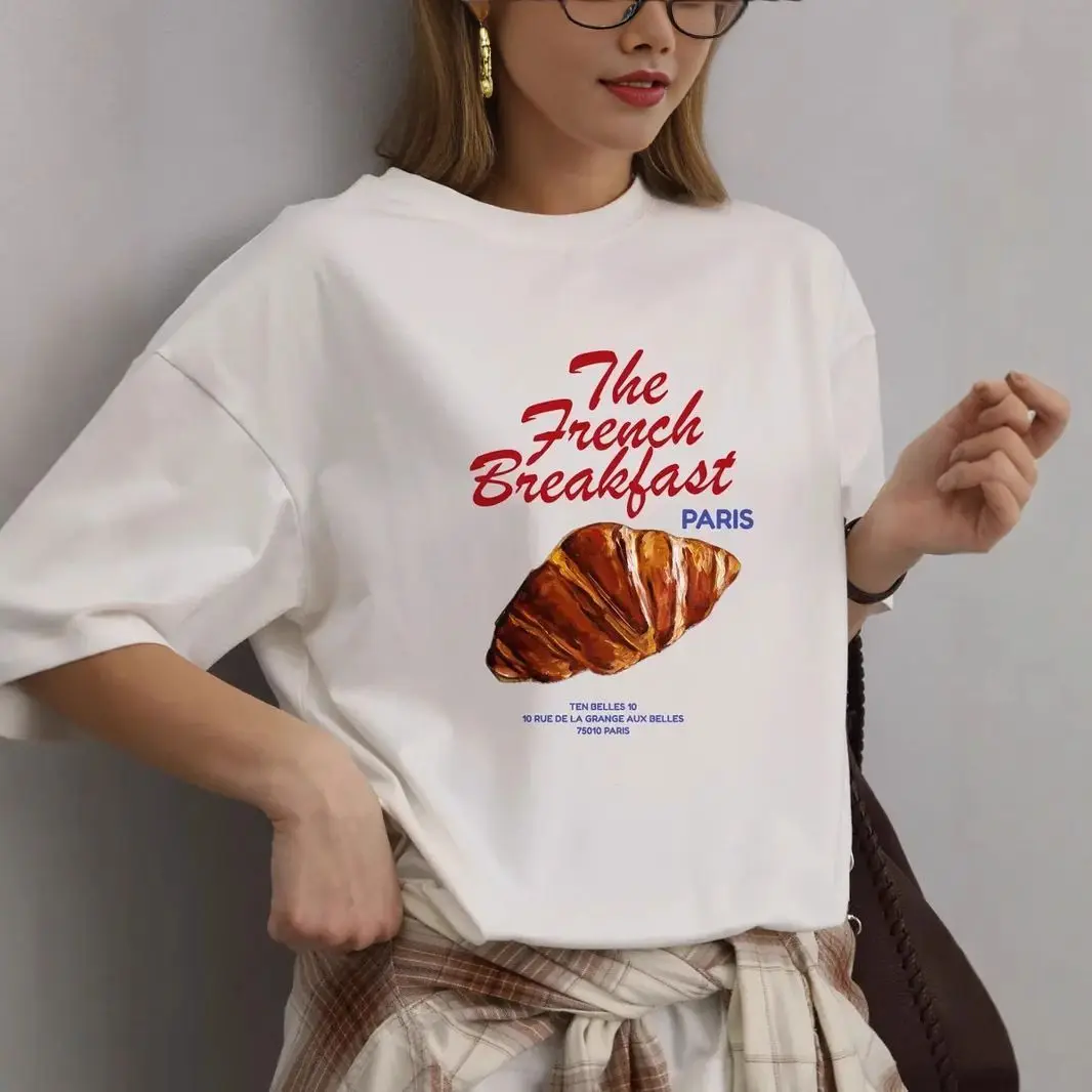 Casual And Cute European And American Sweet Croissant Print Temperament 100% Pure Cotton Summer New Lazy Style Commuting T-shirt