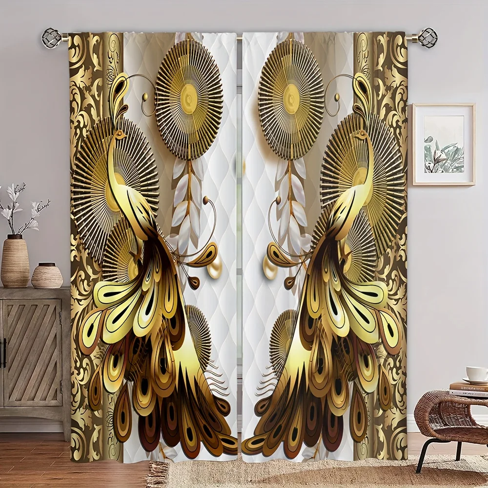 2pcs Elegant Golden Flower Pattern Curtain for Home Decor Window Treatment for Bedroom, Office, Kitchen, Living Room, and Study