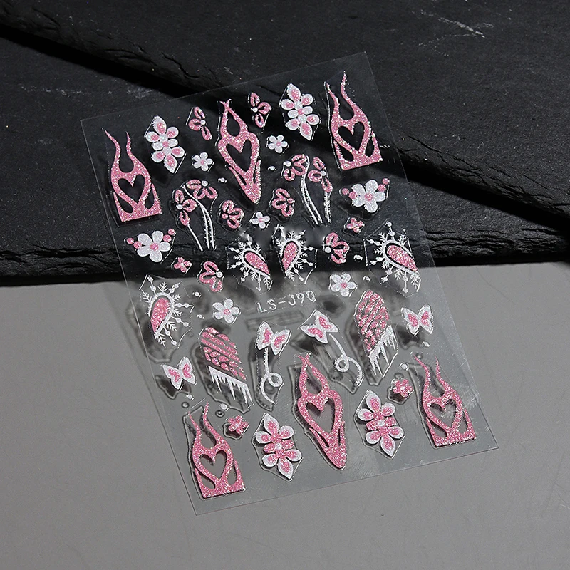 5 Vellen Glitter Nagelstickers Roze Wit Reflecterende Franse Tips Vlamvlinder Nagel Emblemen Ontwerp Bloemen Manicure Sliders