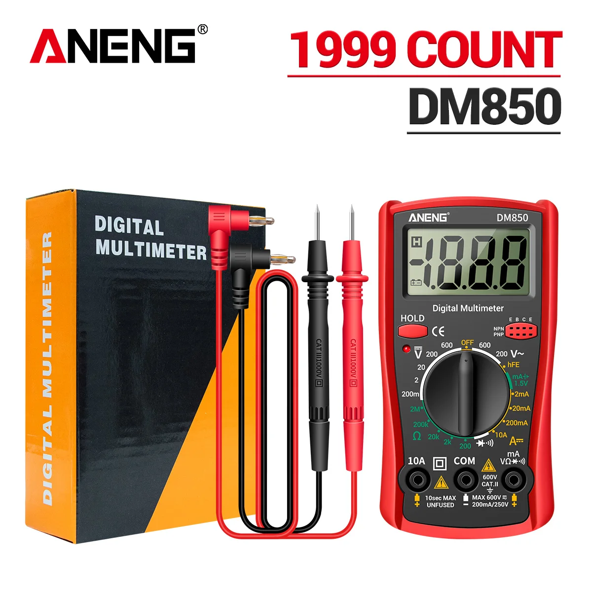 

ANENG DM850 Профессиональный цифровой мультиметр Амперметр 1999 отсчетов Портативный автоматический тестер уровня переменного/постоянного тока Инструмент детектора тока Ом