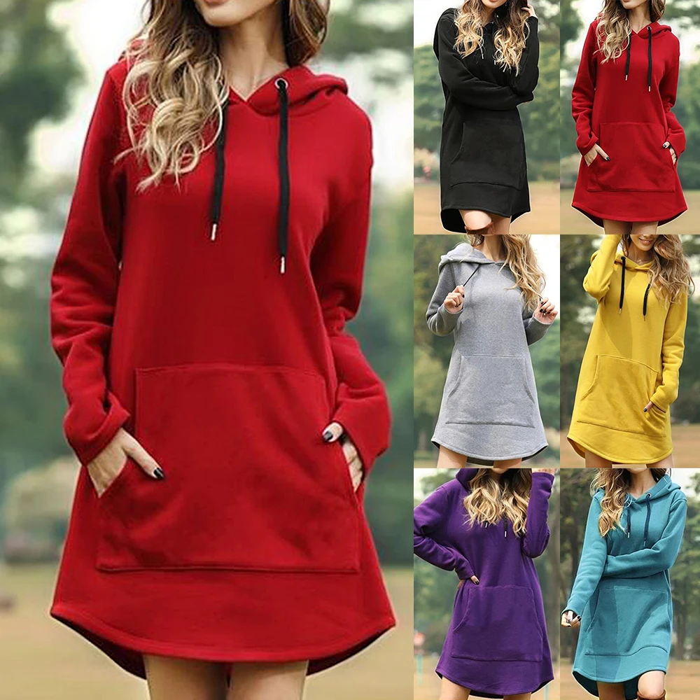 

2022 New Women Solid Hoodies Dress Casual Long Sleeve Hooded Sweatshirt Fashion Irregular Hem Long Sleeve Female Hoody Dress