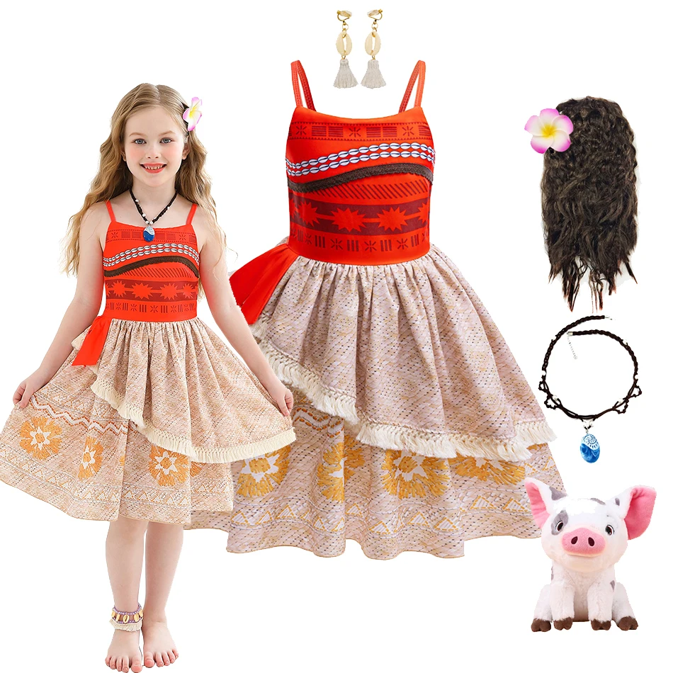 Toddler Girls Moana Princess Dress Costume Featuring an Asymmetrical Tiered Skirt For Halloween Dress Up Birthday Parties