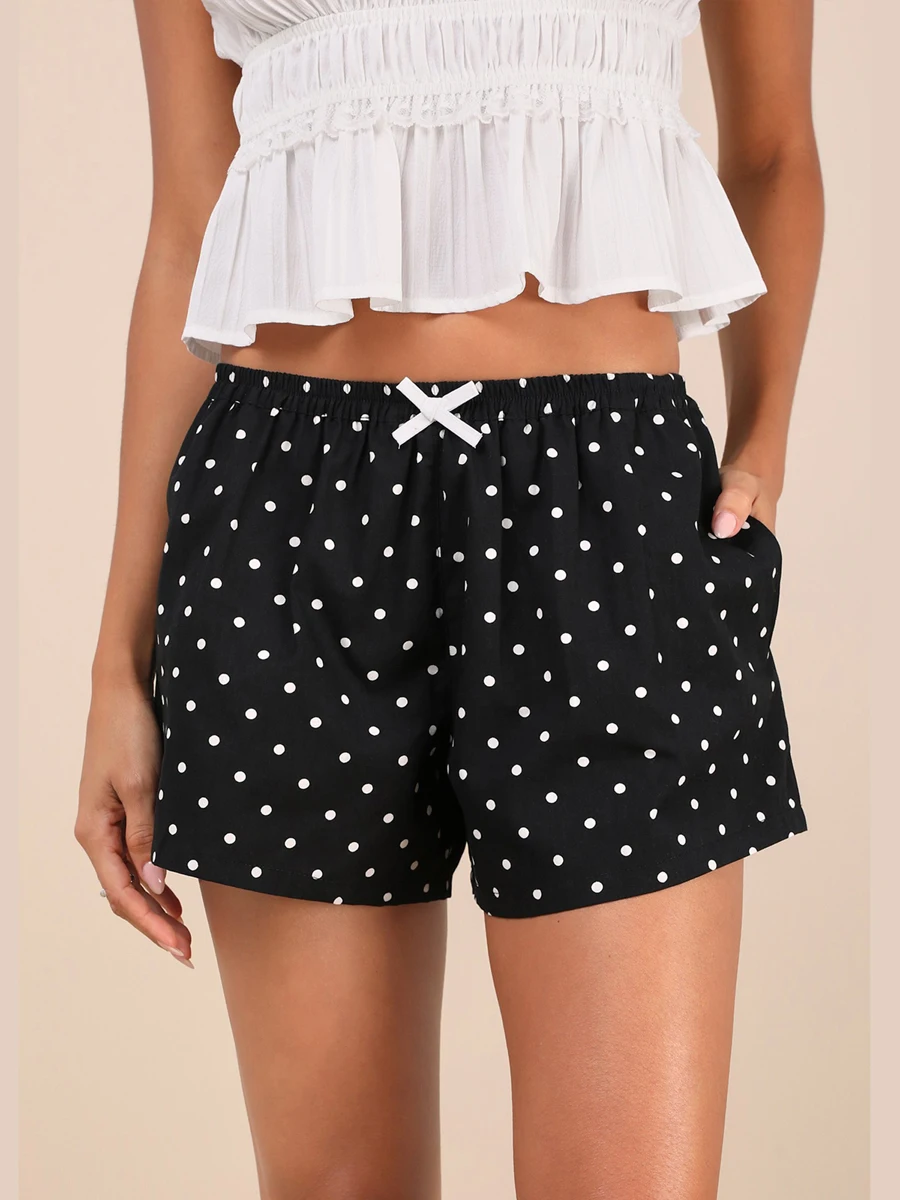 Women Summer Casual Shorts with Pockets Dot Pattern Elastic Low Rise Loose Fit Wide Leg Shorts Leisure Lounge Sleep Bottoms Y2K