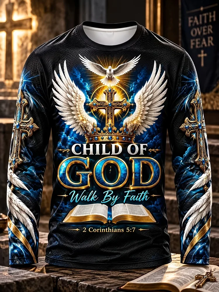 Men's Child of God Walk By Faith Long Sleeve T-Shirt Dove Cross Wings Crown Bible Green Graphic Pullover Tops Gift New