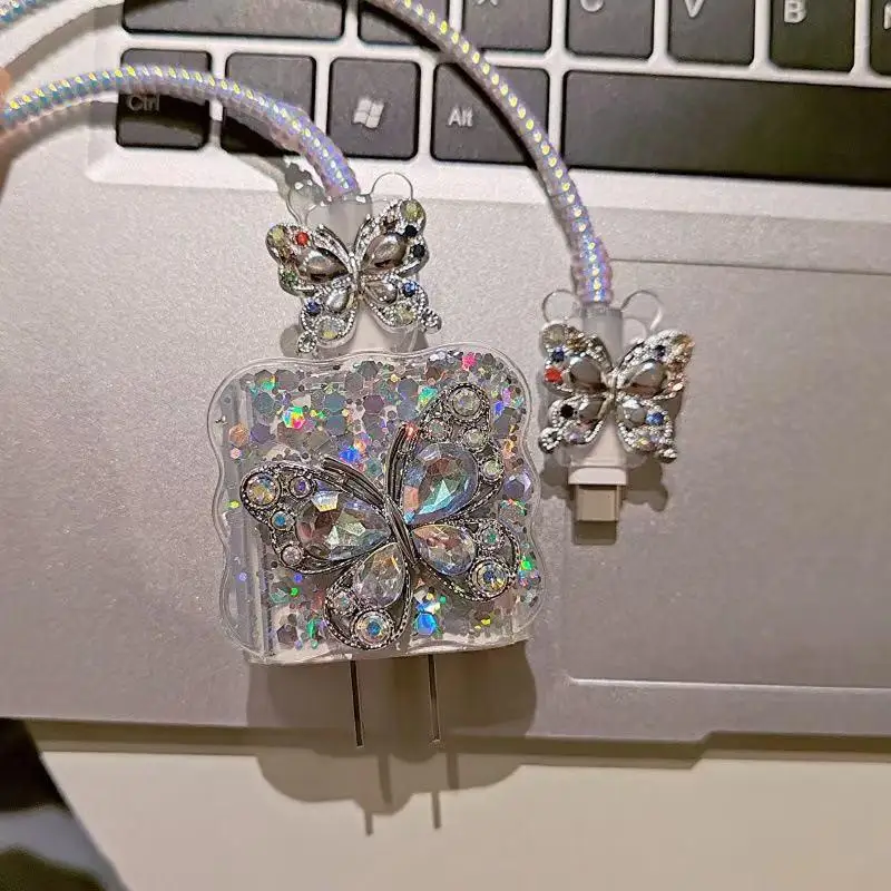 5Pcs Diamond Butterfly Charging Data Cable Protector Winder Accessories For 20w Fast Charger Protective Cases Cover Sleeve