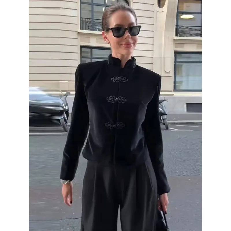 Satin Stand Collar Frog Button Cropped Jacket Slim Long Sleeve Elegant Fashion Outerwear Commute Spring Autumn Coat