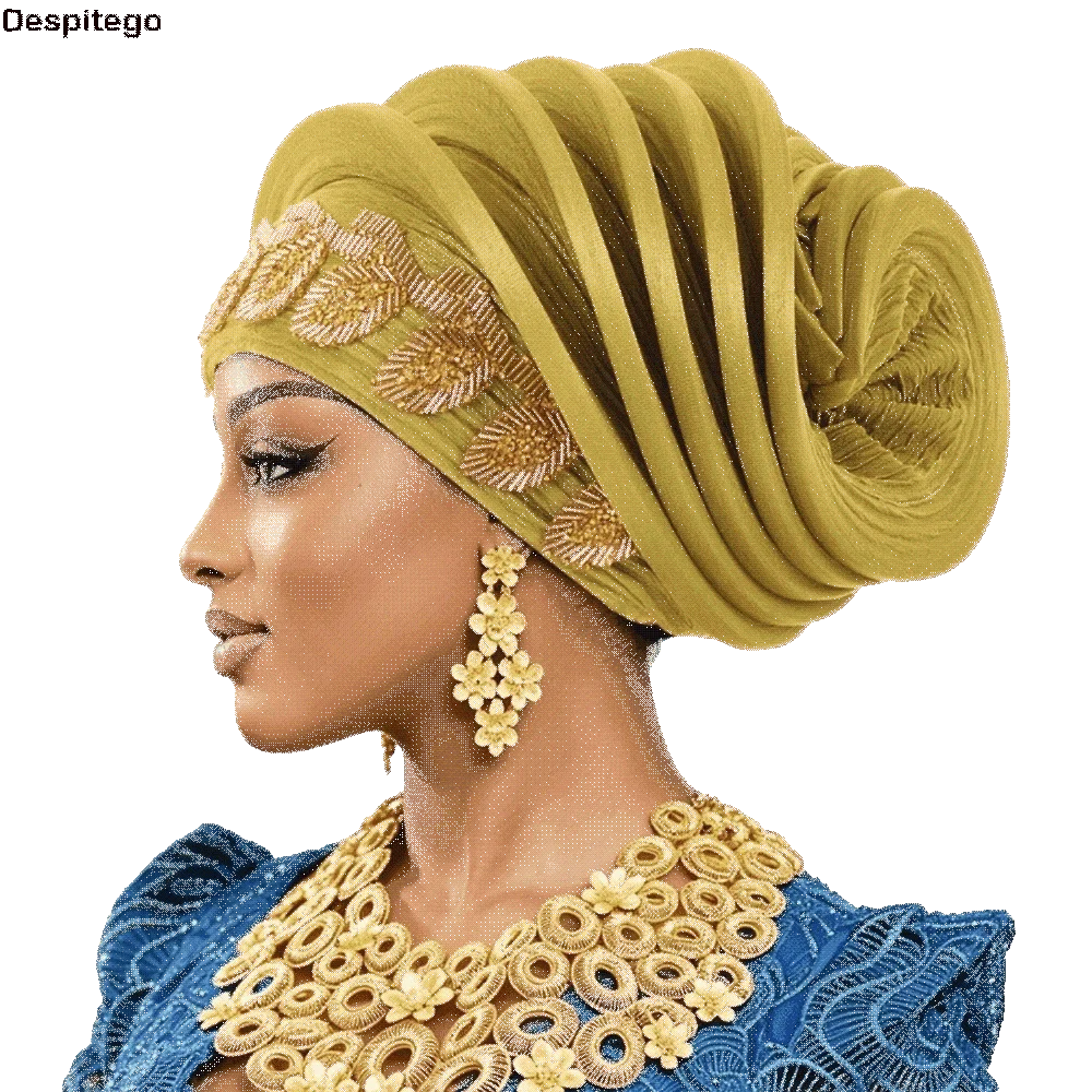 Elegant Shiny African Gele Headwrap Leaf Gold Embellished Yoruba Turban Hat Pre-tied Polyester Traditional Headpiece Bridal