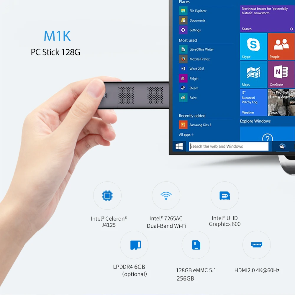 Chenxin M1K Intel J4125 Quad Core PDA 8GB DDR4 128G/256GB SSD Windows 11 USB3.0 BT4.2 WIFI5 HDMI2.0 4K 60Hz HD Display PC Stick