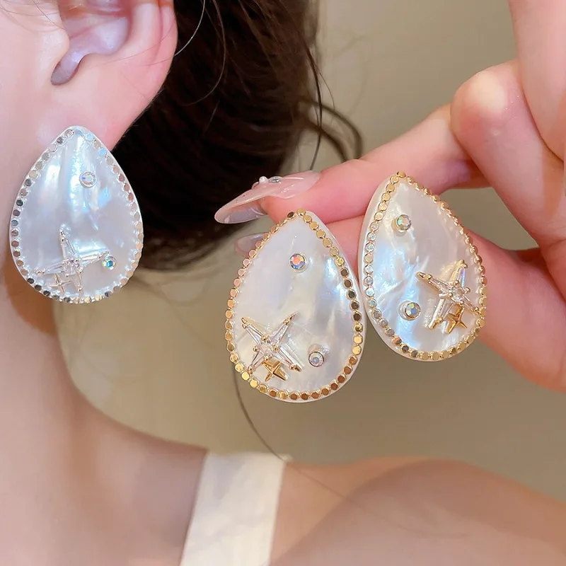 Minar 2026 Popular White Shell CZ Cubic Zirconia Rhinestones Starburst Water Drop Dangle Earrings for Women Every Day Jewelry