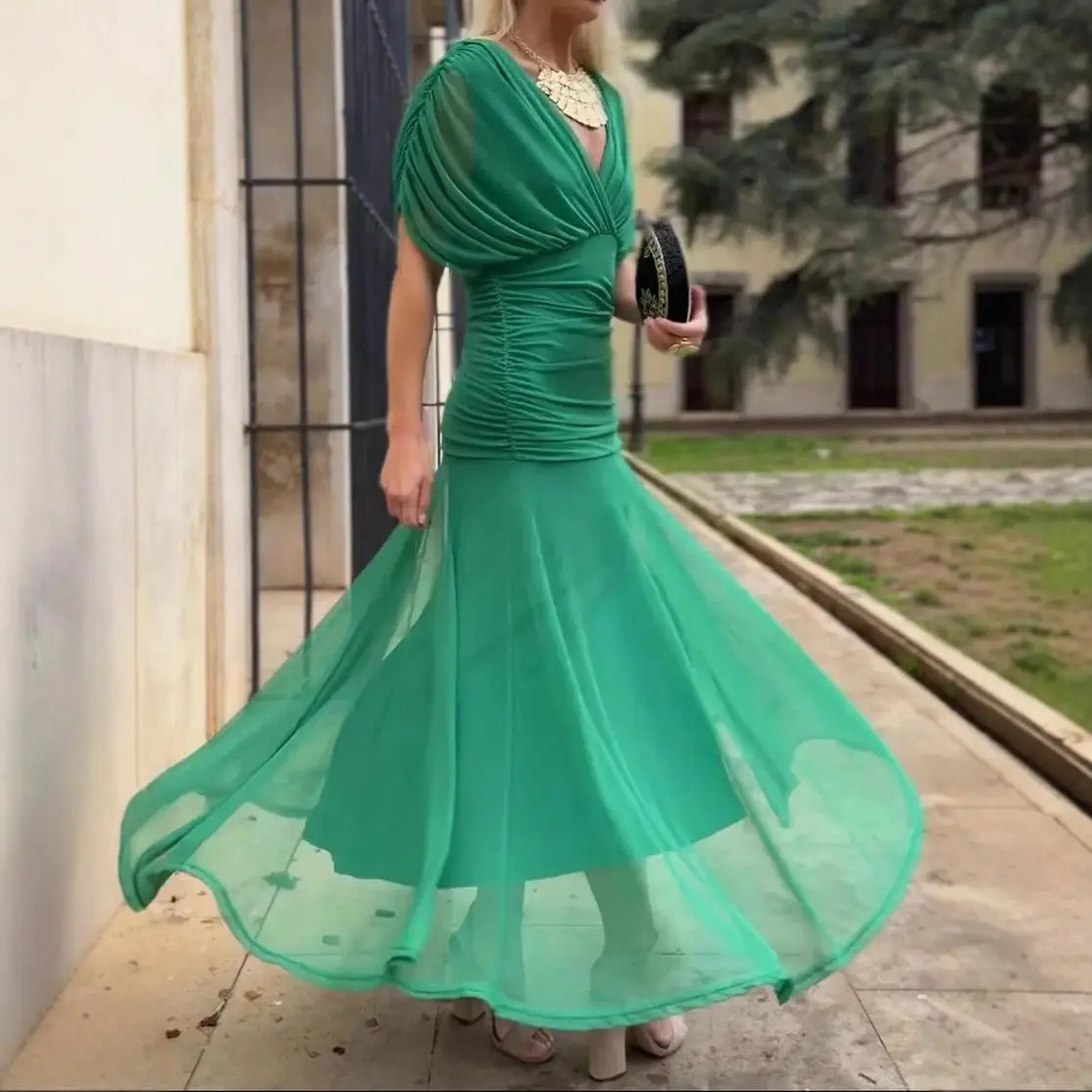 Ele لون نقي عميق V Ne الخصر Cinched Me Dr Women's Faion High Waist H نسخة ort Sve Ci Walk Dr