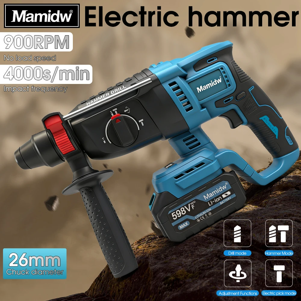 Image of 26mm Bürstenloser Elektrohammer Multifunktionaler Bohrhammer Kabelloses Wiederaufladbares Elektrowerkzeug für Makita 18V Akku