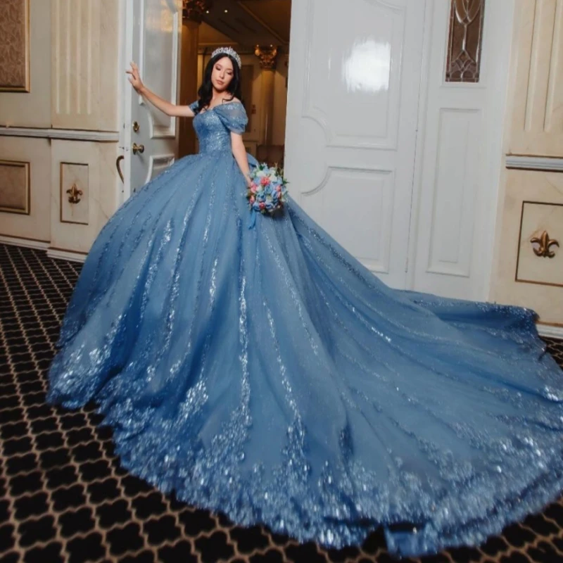 فساتين Quinceanera لامعة باللون الأزرق البحري قبالة الكتف مزين بالترتر والدانتيل مطرز بالكريستال تول حفلة عيد ميلاد حلو 16 فستان #1