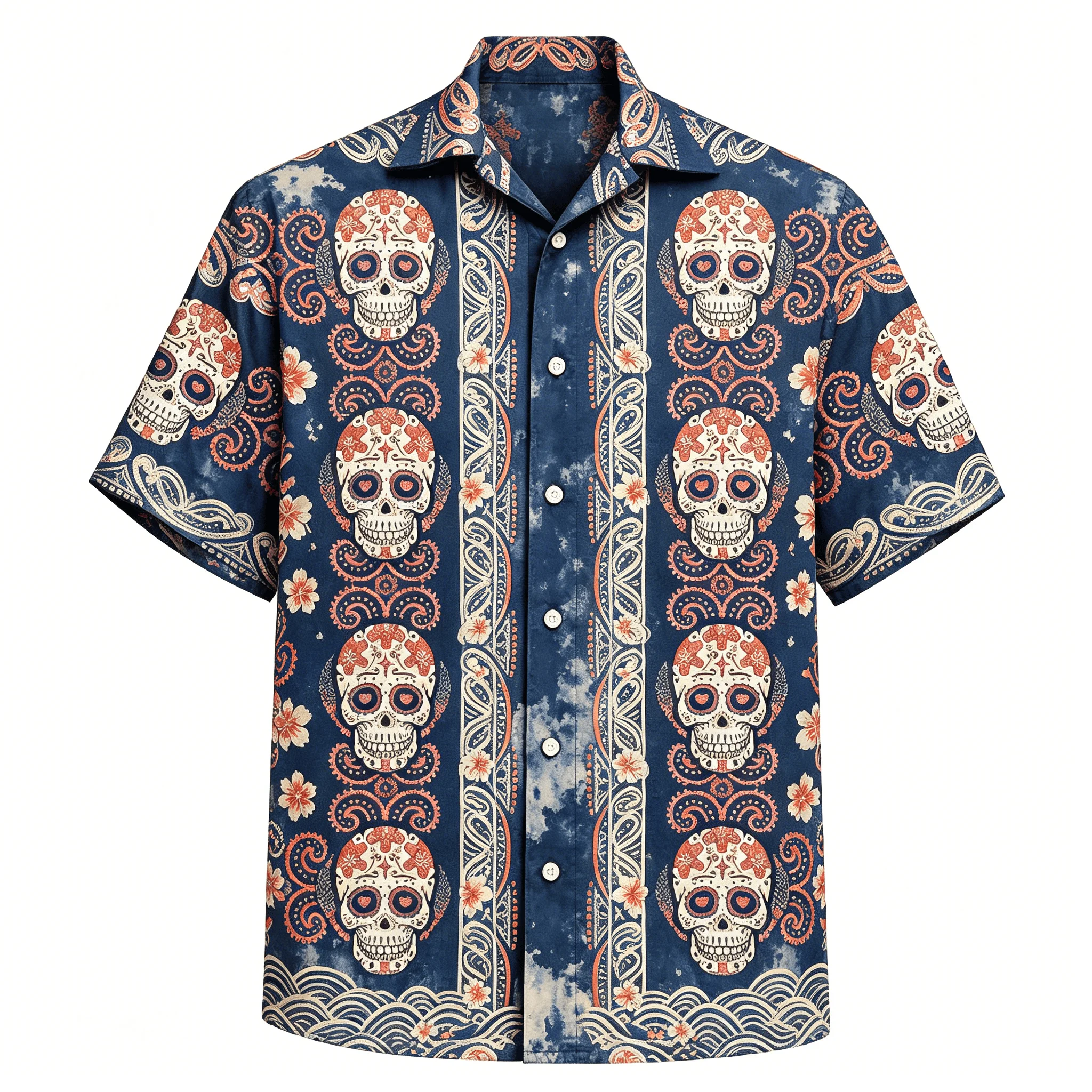 Men's Hawaiian Shirt with Skull and Hibiscus 3D Print, Summer Beach Casual Shirt, Suitable for Everyday Sports Cardigan