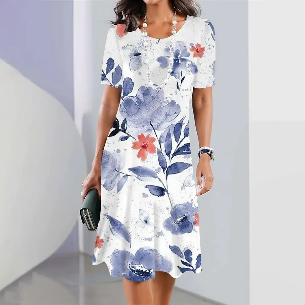 

Women's Tie-Dye Flowers Short Sleeve Dress Women's O-Neck Blue Printed Elegant Dresses Oversize Loose Clothing Streetwear New