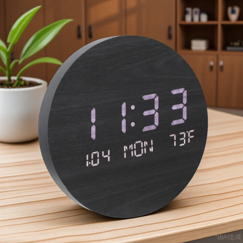 

1Pcs Wooden LED Clock Multifunctional Rechargeable Silent Desktop Round Alarm Mirror Surface Electronic Wood Clock for Home
