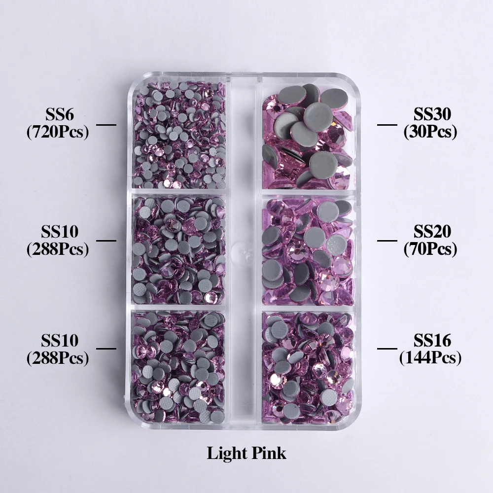 SS6-SS30 Gemengde Maten Glas Hotfix Steentjes 6Grid Box Platte Achterkant Glitter Kristal Strass Ijzer Op Steentjes voor Kleding