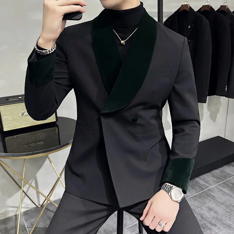 

Velvet Stitching Blazer High Quality Men Autumn Winter Double Breasted SlimFit Business Casual Suit Banquet Wedding Dress/Tuxedo