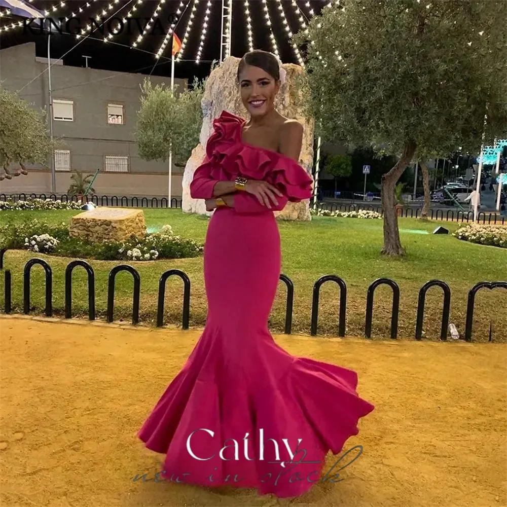 

Cathy One Shoulder Mermaid Prom Dresses Elegant Long Sleeves Trumpet vestidos par boda Sexy Backless Floor-Length Wedding Dress