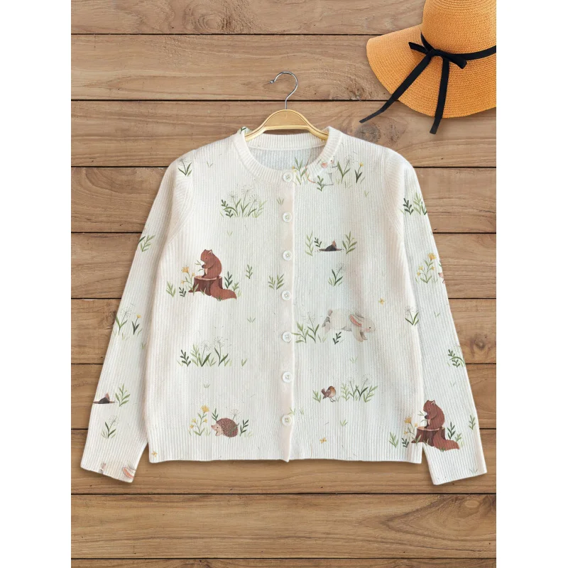 

Ленивый стиль, свитер для девочек с цветочным принтом в виде птицы, кролика и белки, теплый высококачественный свитер с круглым вырезом и длинными рукавами на пуговицах
