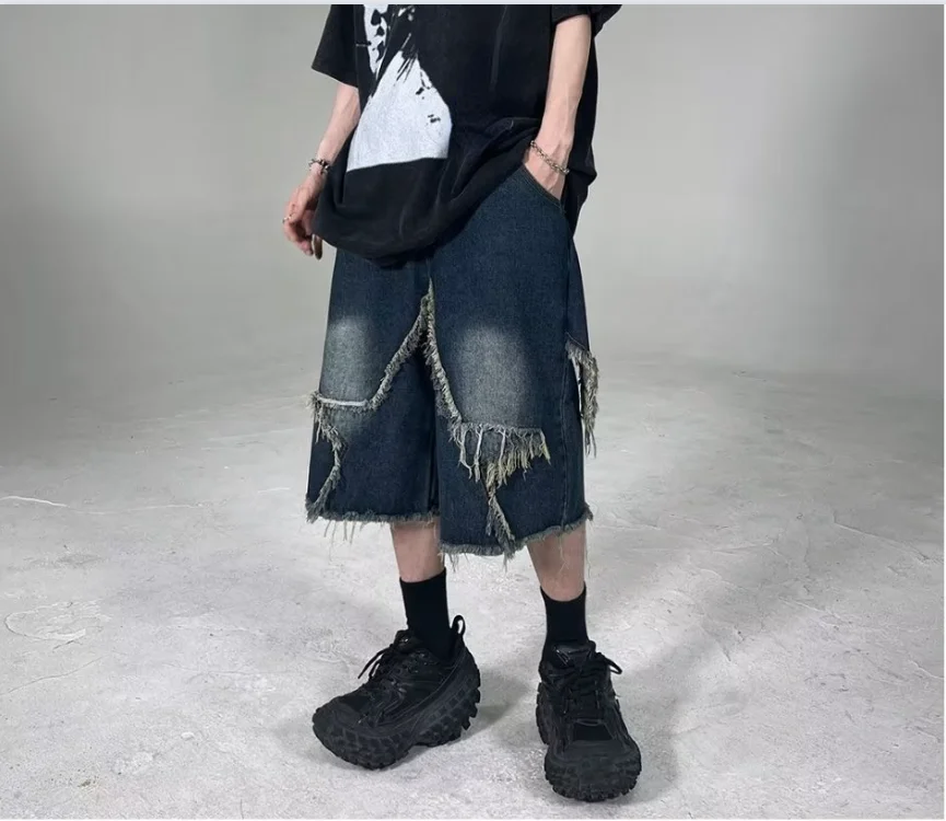 Harajuku High Street  Spliced Men denim shorts loose casual  street clothing couple pants sports pants men shorts