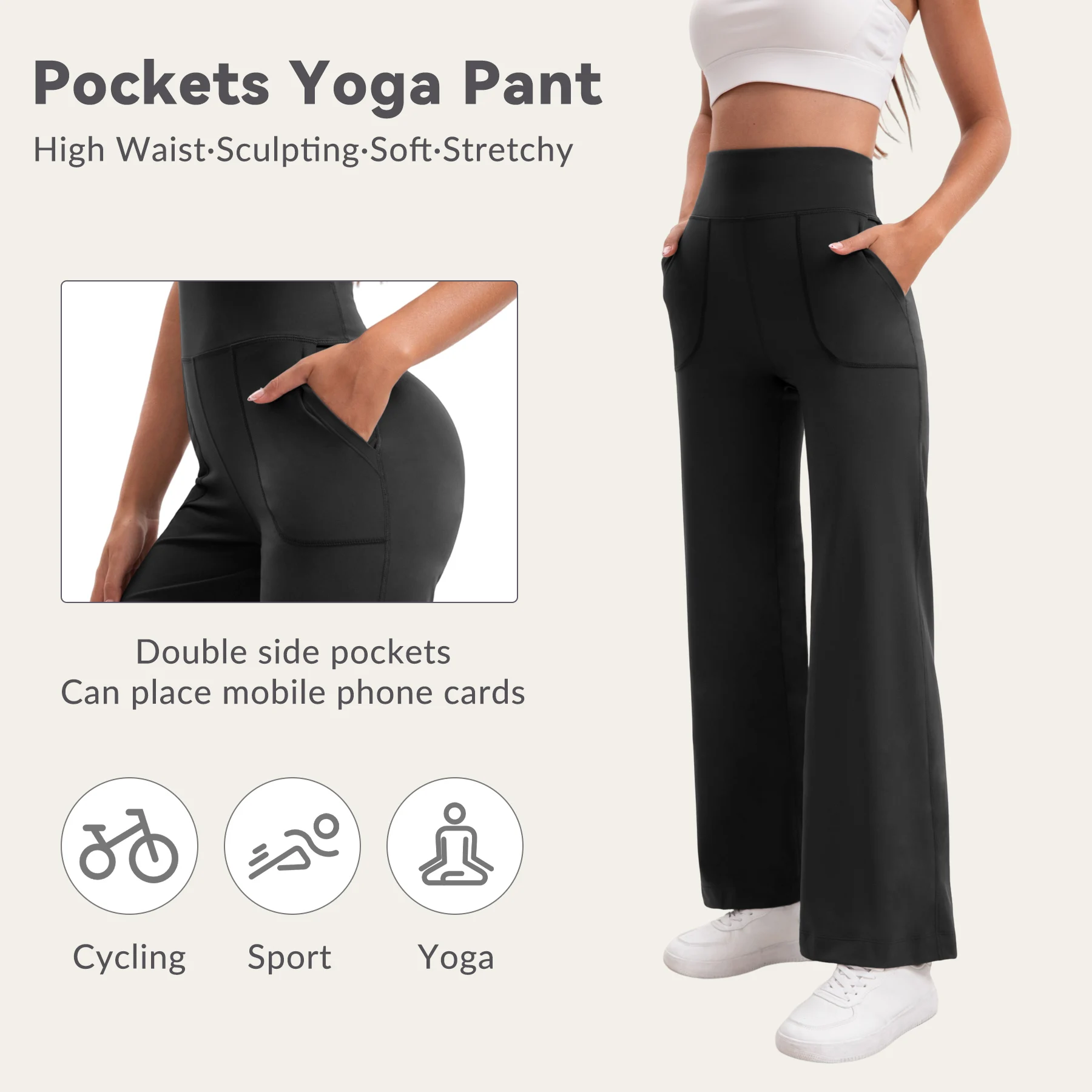Damen High-Waist Flared Yoga-Hose mit Bauchkontrolle, M-Linie, Po-Lifting, zwei Taschen, dehnbar, weich, fließend, für Workout & Büro – Detail 4