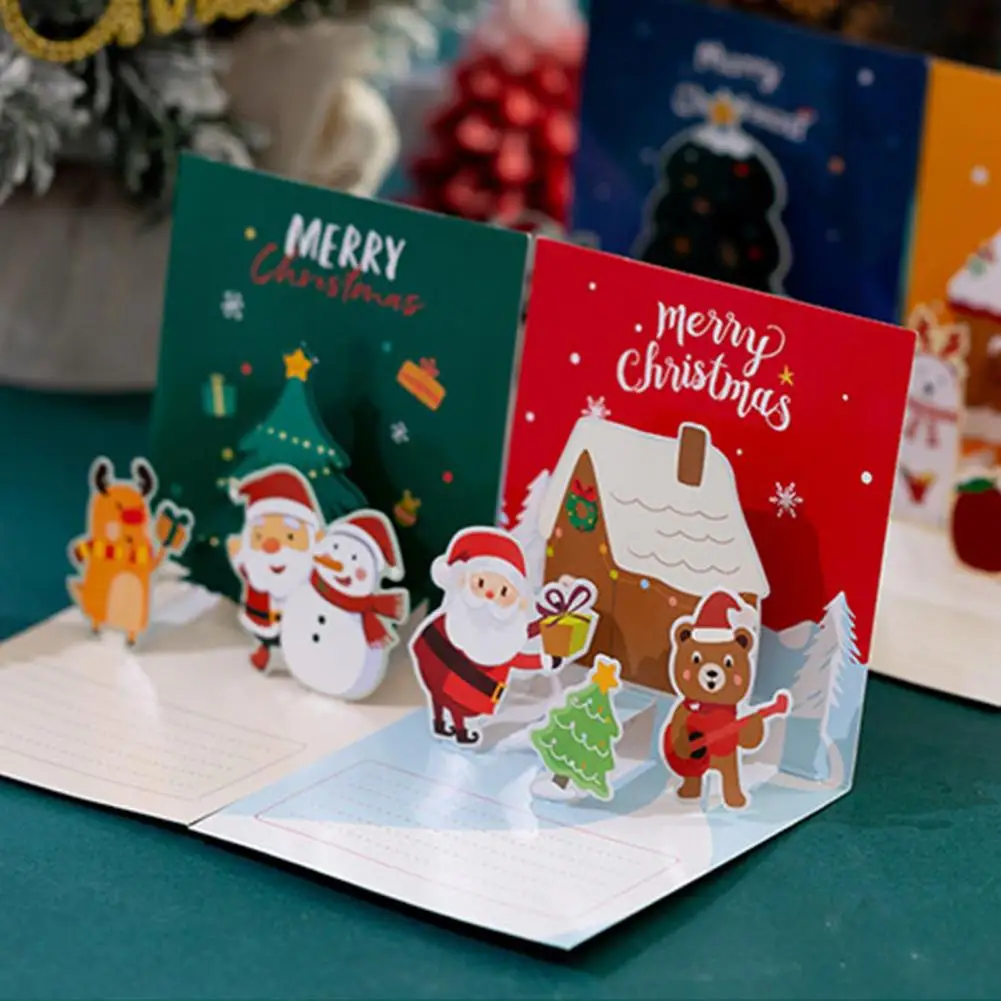 Cartões bonitos do Natal dos desenhos animados, Santa Claus, boneco de neve, alces, convites do partido, presentes 3D, cartões do ano novo, 1 grupo