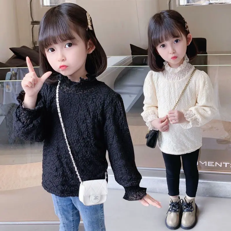 Autumn Winter New Fashion Plush Keep Warm Bottoming Shirt for Girls Long-sleeved Lace High-neck Design Children Clothes T133