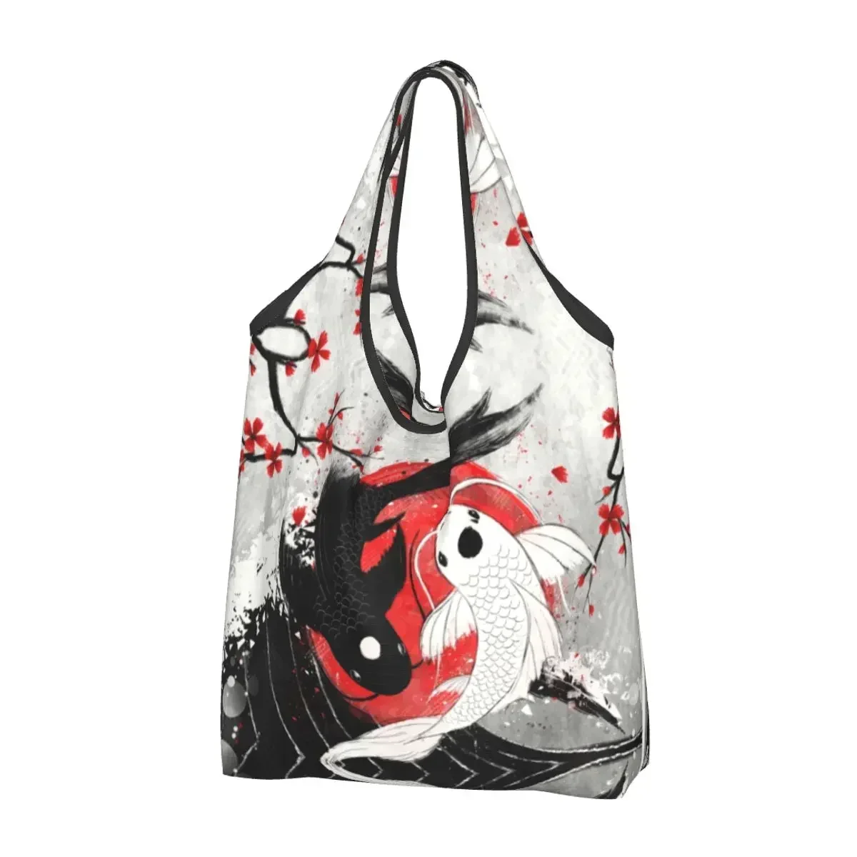 

Custom Cute Koi Fish Shopping Bags Women Portable Big Capacity Groceries Japanese Sakura Floral Tote Shopper Bags