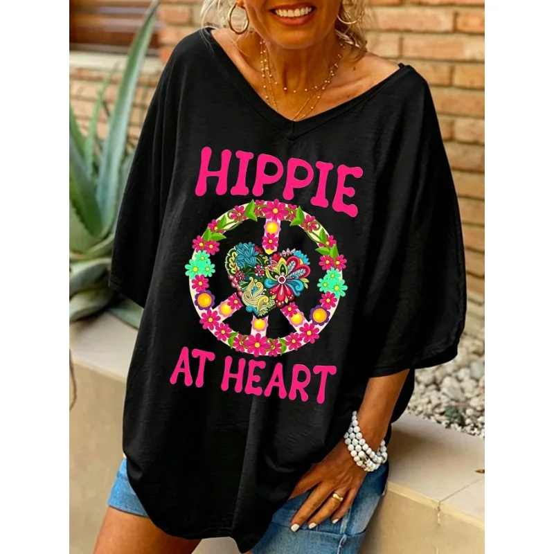 ilstile Women's Hippie at Heart Print T-Shirts Summer Short Sleeve Casual Loose V Neck Long Tops Tees Black White