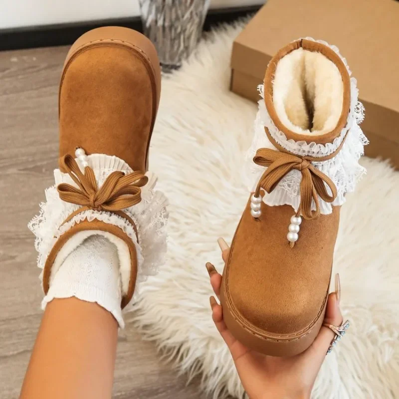 Women Platform Snow Boots Lace Pearl Bow Lace Trim Fleece Lined Warm Winter Ankle Boots