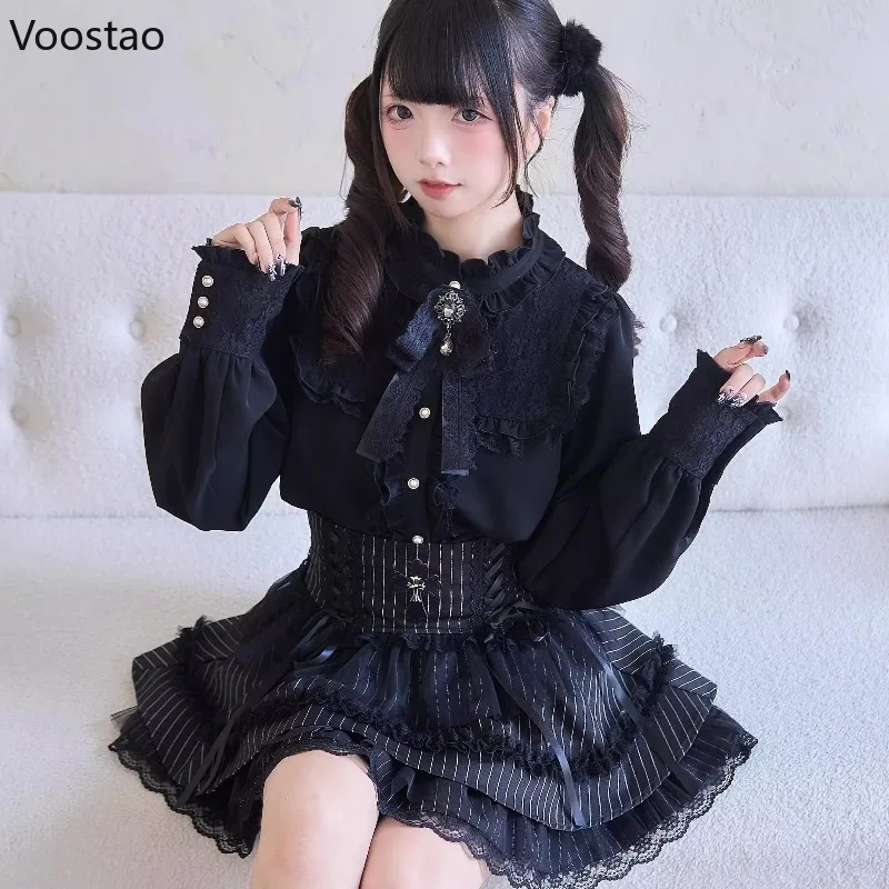 Japanese Dark Gothic Lolita Style Skirt Sets Women Harajuku Y2k Lace Bow Shirt Stripe Mini Cake Skirt Female Sweet Slim Outfits