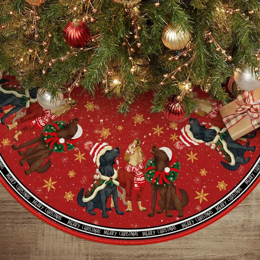 Wikama-Weihnachtsbaumrock, Weihnachtsbaumunterlage, mit einem Welpe in einem Weihnachtsmannmütze und einem Kranzdesign, für eine festliche Heimdekoration
