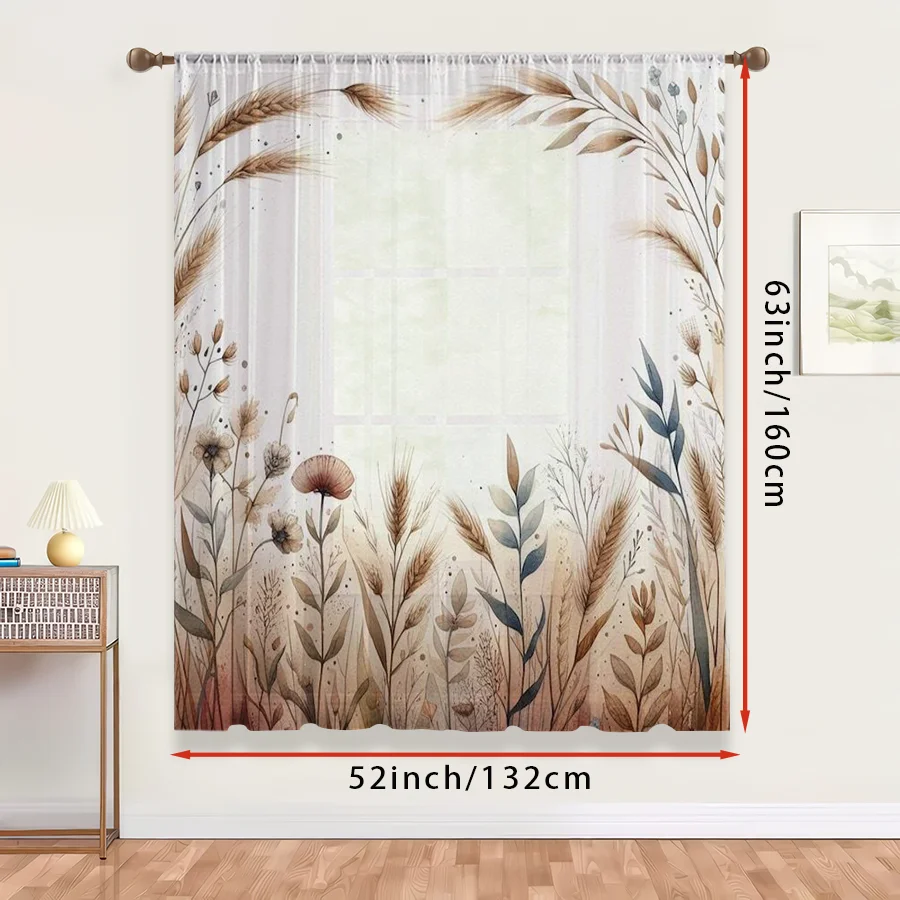 1PC Sheer Curtain Wheat Grass Autumn Brown Border Print, Rod Pocket Window Curtain for Living Room Fall Home Decor