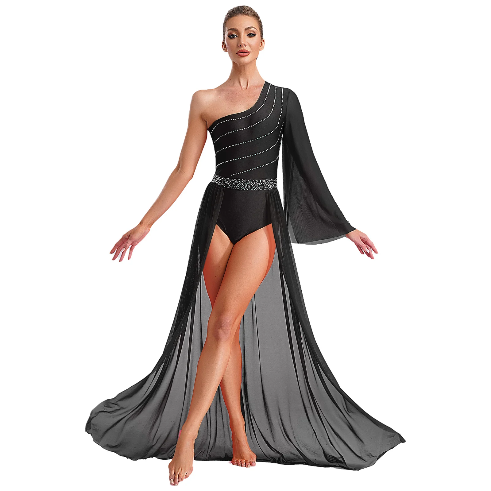 

Women Lyrical Ballet Dance Dress Ballroom Performance Wear One Shoulder Flared Sleeve Leotard Flowy Split Mesh Skirts Maxi Dress