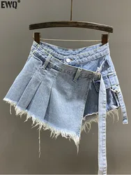 [EWQ] Sweet Style Irregular High Waist Pleated  Denim Skirt Women Clothing 2024 Summer Pink Color Jeans Patchwork Shorts 16U9628