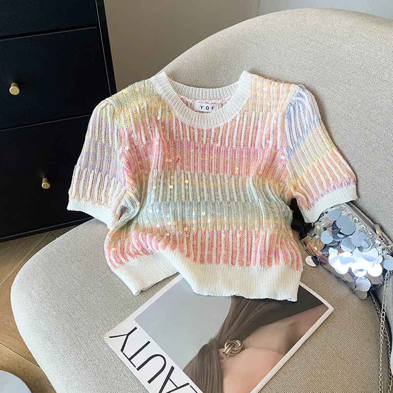 Summer Women\'s Sweater Sequins Striped Slim Knit Pullovers T-shirts Crop Tops Stylish Chic Fashion Short Sleeve O-neck Jumpers