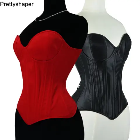 Corsé para mujer, corpiño con copas por encima del pecho, corpiños Vintage ajustados con cordones, Tops moldeadores de doble deshuesado, cintura para Chinner, boda, satén rojo