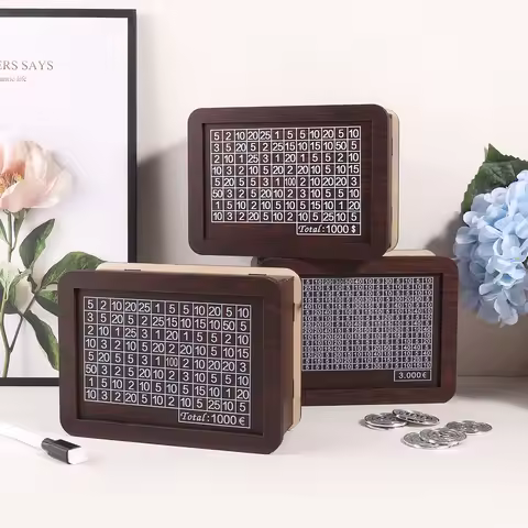 1PC Vintage Dark Brown Wooden Cash Box, Euro and Dollar Numeric Cover Pattern, Suitable for Coins and Paper Money