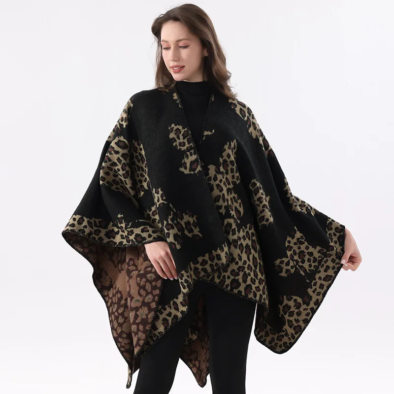 

New Leopard Print Faux Cashmere Poncho Spring Autumn Cape Outerwear Unisex Travel Party Leisure Wraps Winter Thick Shawl