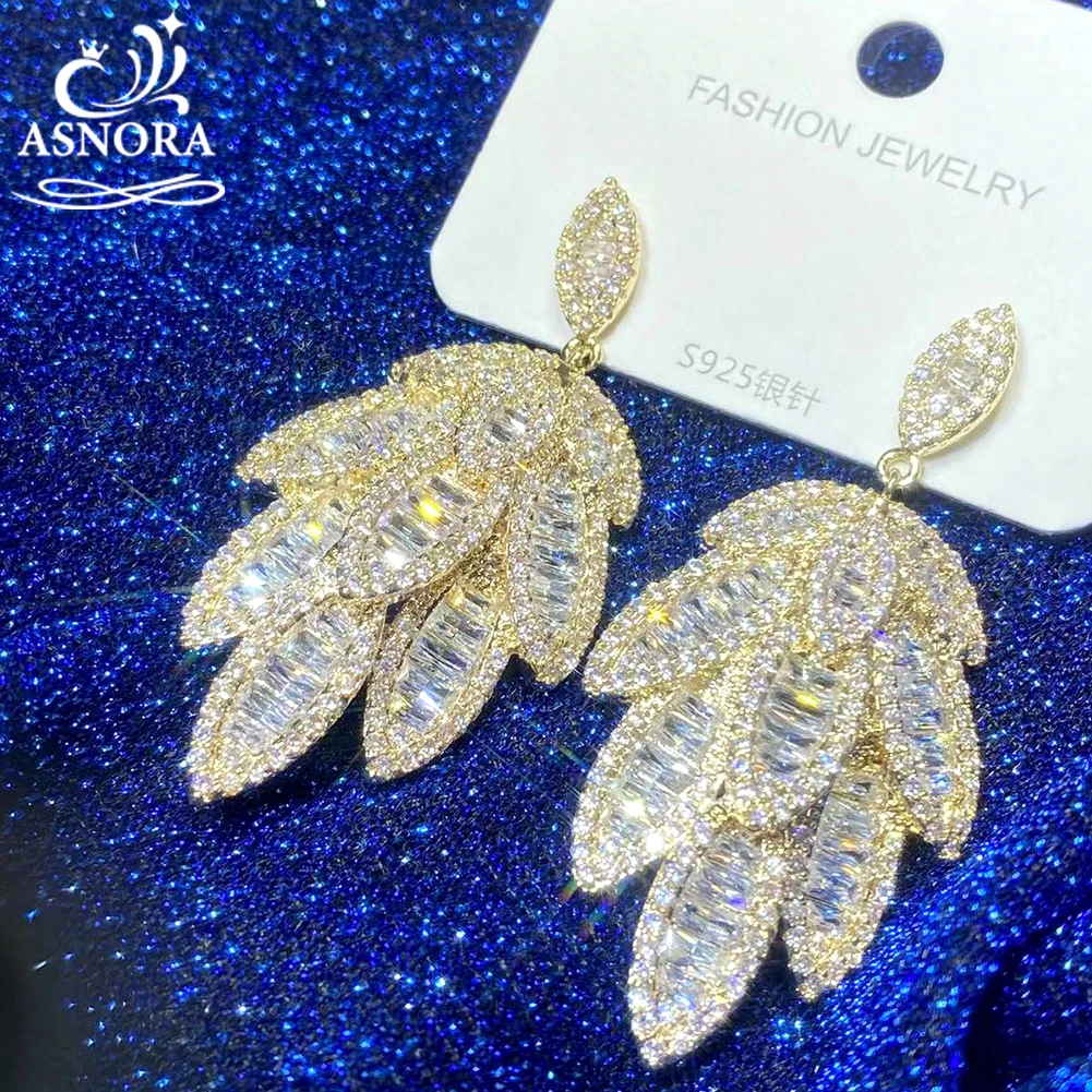 Trendy Gold Color With Silver Leaf Dangle Earrings For Women Luxury Cubic Zirconia Micro Setting Bridal Wedding Jewelry 00086