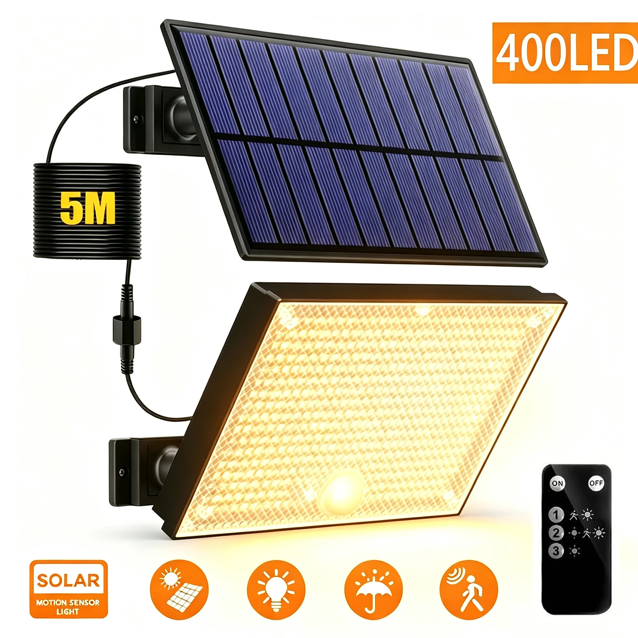 400 LED Solar Outdoor Light,196.85in Extension Cable,3 Modes Remote & Light Sensor,Water‑Resistant for Garden Garage Patio Wall