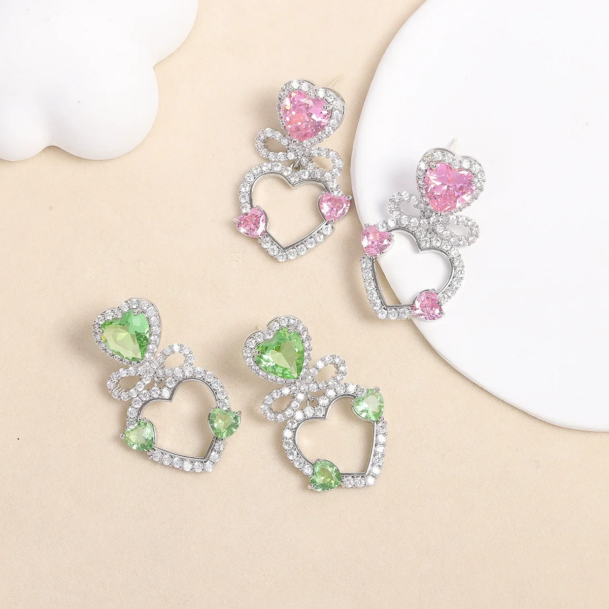 

925 Silver Needle Heart Gemstone Bow Drop Earrings, Luxury Bridal Wedding Jewelry Gift for Women