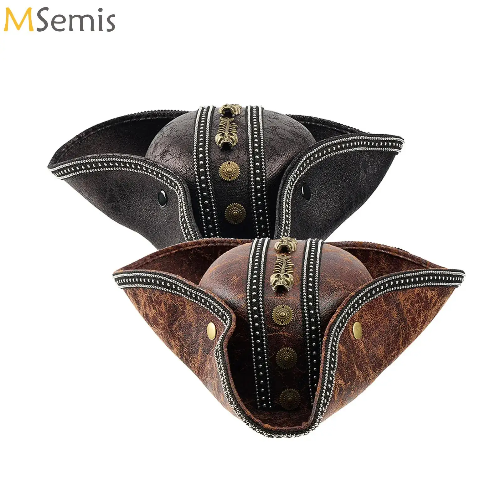 

Skull Gear Decor Captain Hat Pirate Hat Halloween Cosplay Vintage Faux Leather Masquerade Party Men Women Tricorn Pirates Cap
